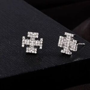 Tory Burch Silver Crystal Logo Stud Earrings